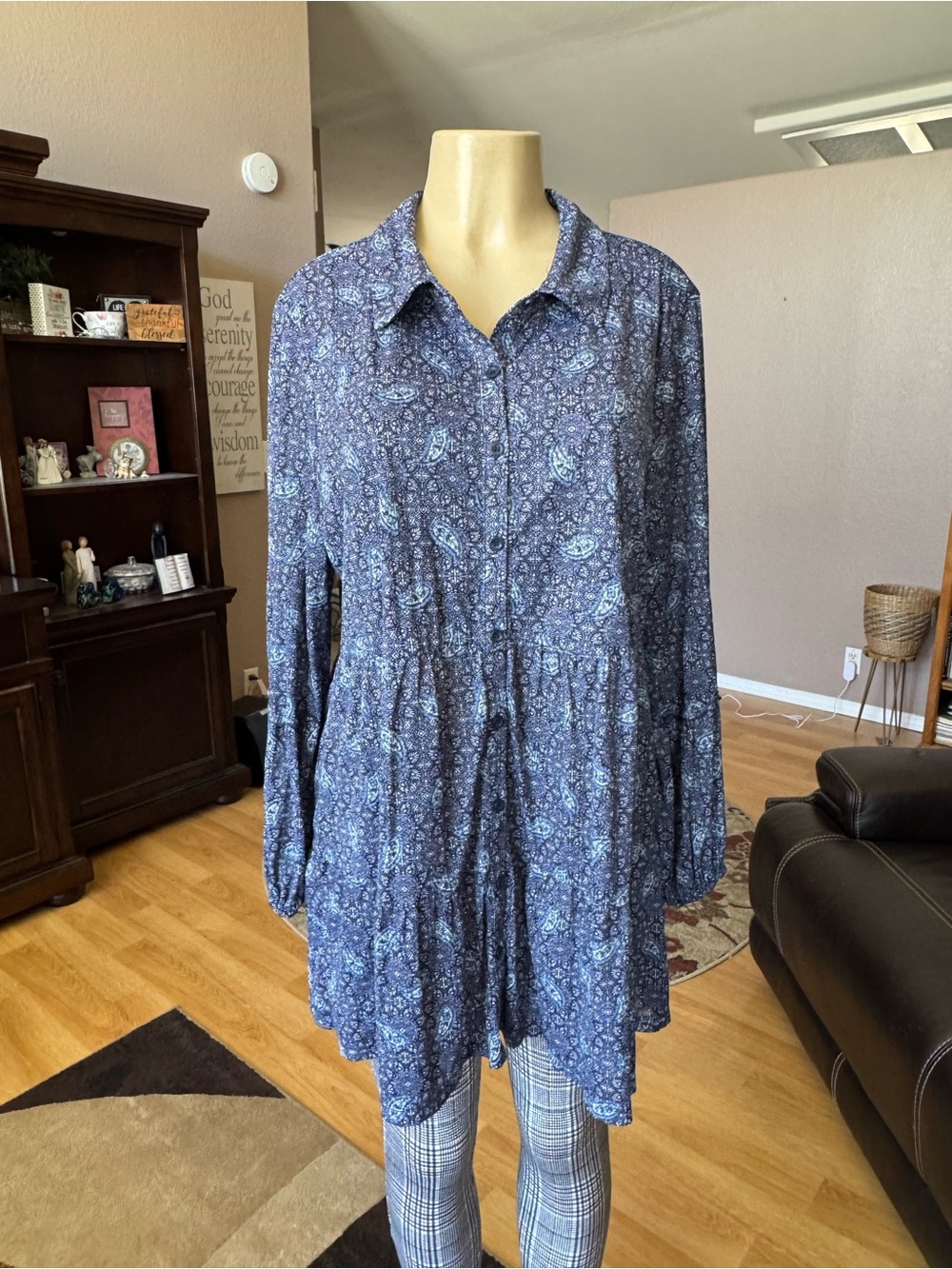Style & Co sheer shades of blue button up the front tunic-size XL